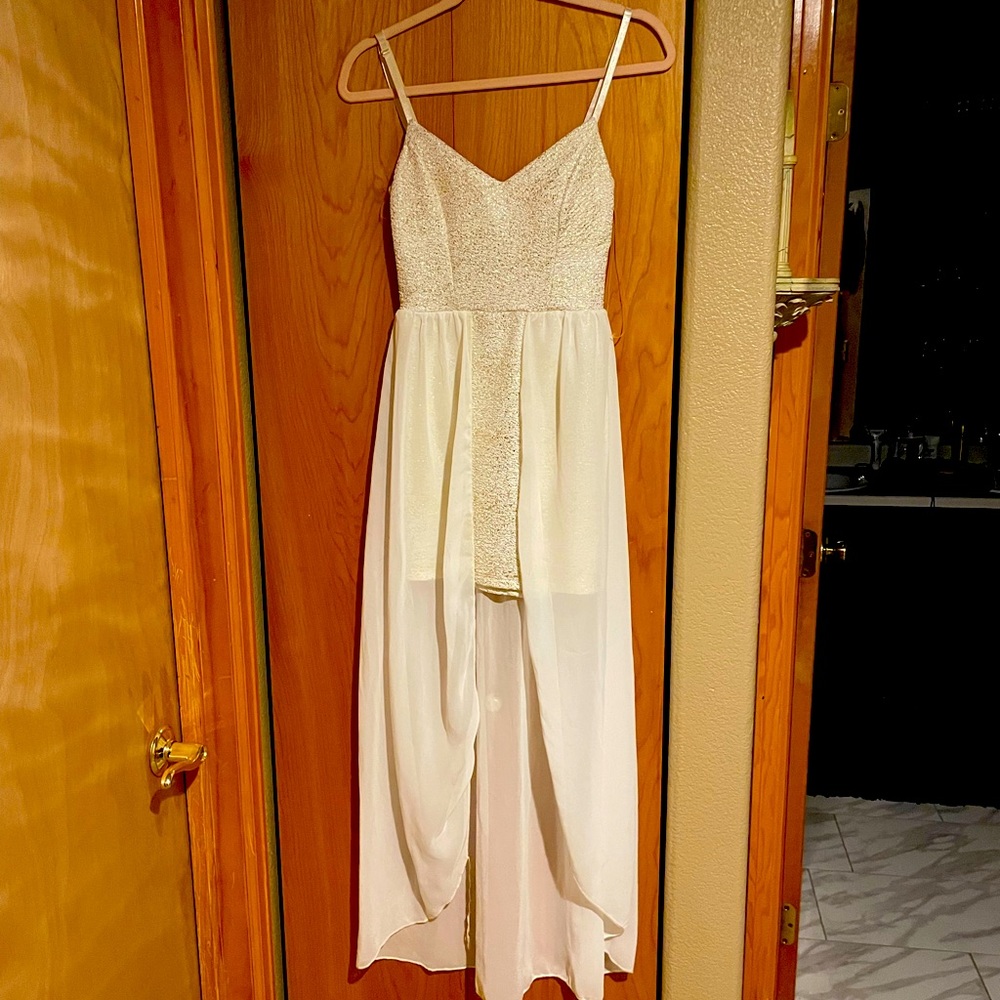 White and gold open sheer dress
